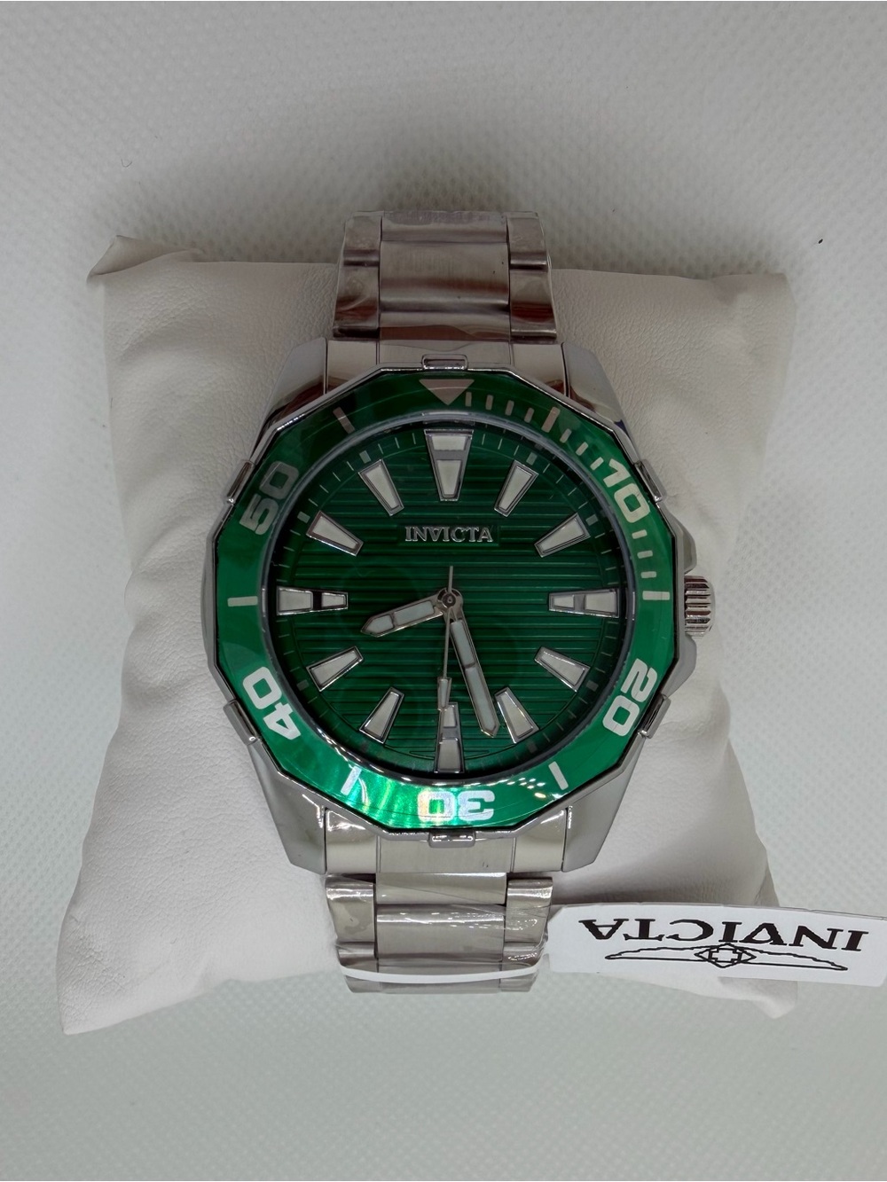Invicta Men's Silver Watch with Green Dial and Bezel